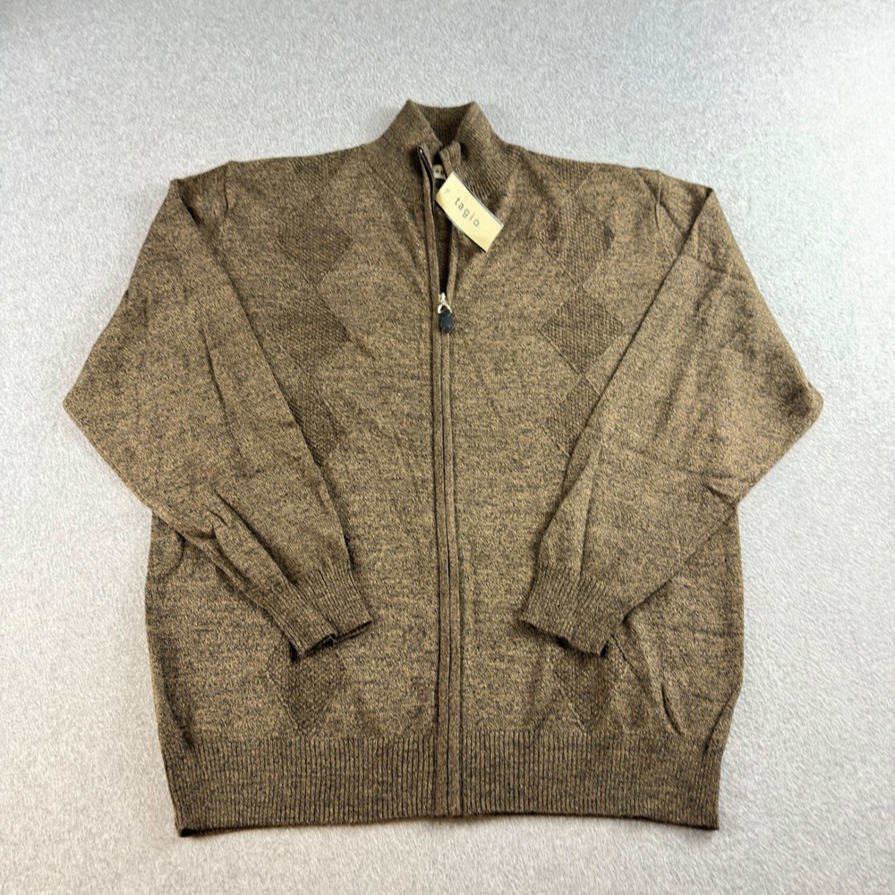 Vintage Tagio Mens Y2K Taupe Wool Blend Full Zip Mock Neck Marled Knit Sweater
